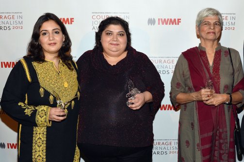 Frá verðlaunaafhendingunni.F.v. Asmaa al-Ghoul, Khadija Ismayilova og Zubeida Mustafa. Reeyot Alemu …