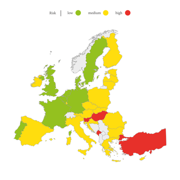 Myndir sýnir pólitísk áhrif í fjölmiðlakerfum. Grænt sýnir lítil áhrif; gult meðal áhrif; og rautt m…