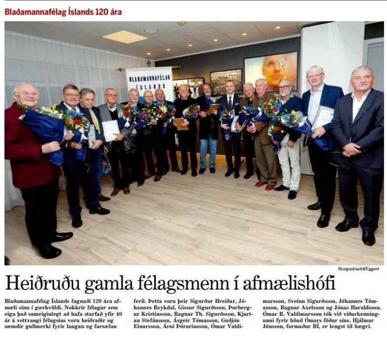 Morgunblaðið fjallaði um afmælið í blaði dagsins og birti mynd af heiðursfélögum með formanni félags…